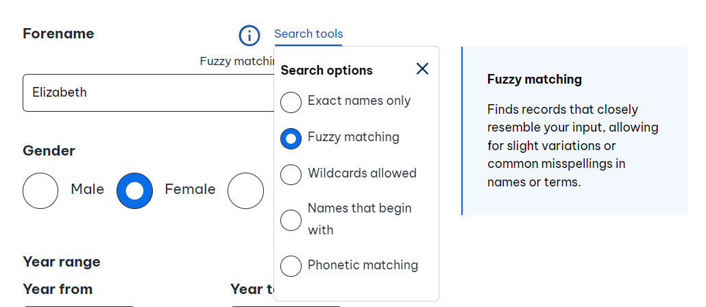 A user on Scotland's People turning on 'fuzzy matching' to get more results for their search