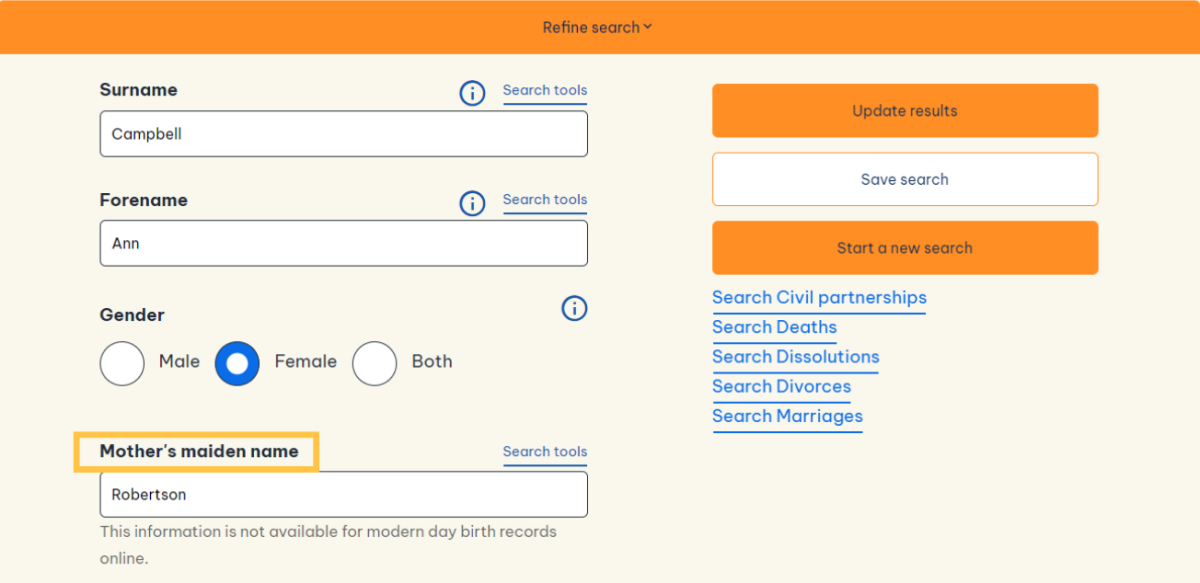 Screenshot showing search fields for surname, forename, gender and mother's maiden name