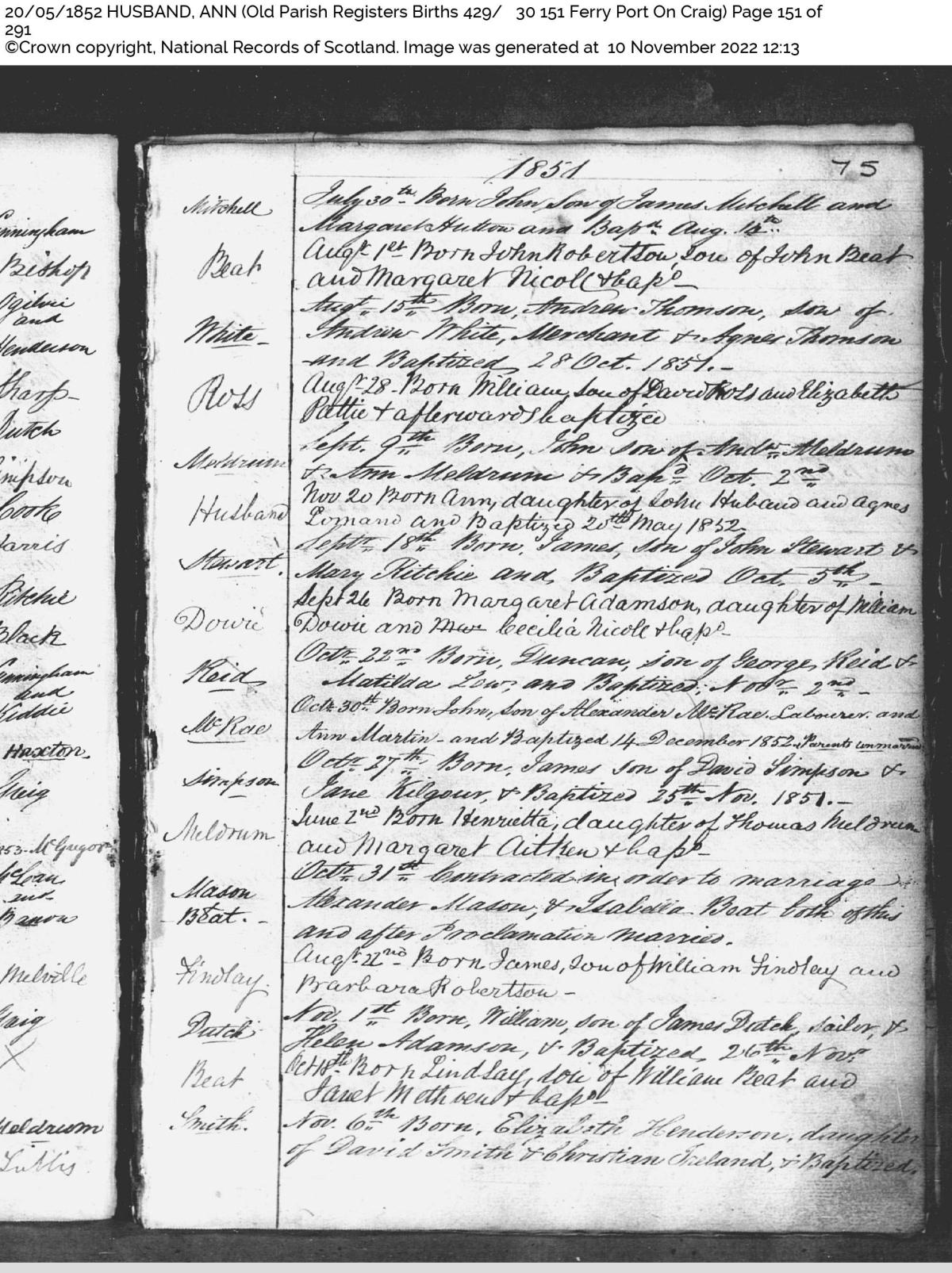 Old Parish Register entry for Ann (Agnes) Husband, 1851