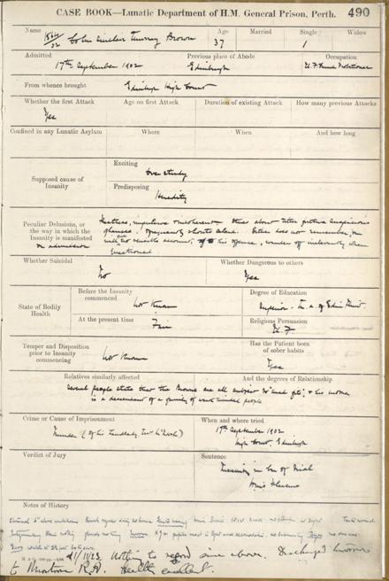 Colin Sinclair Murray Brown’s entry in the Case Book for the Lunatic Department of HM General Prison, Perth.&nbsp; 