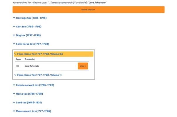 Screenshot of Transcription keyword search results for Lord Advocate