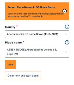 Screenshot of Search Place Names in OS Name Books form - Abbey Bridge