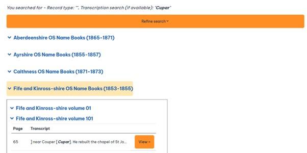 Screenshot of Transcription search results for search term Cupar 