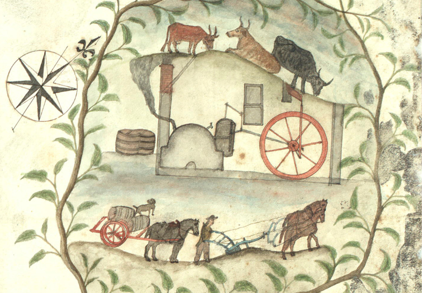 Vignette of whisky distilling and farming, April 1798