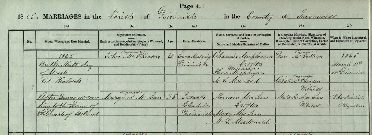 The marriage entry of John MacPherson [McPherson] and Margaret McLean Crown copyright, NRS, Statutory Register of Marriages, 1865, 110/7 page 4
