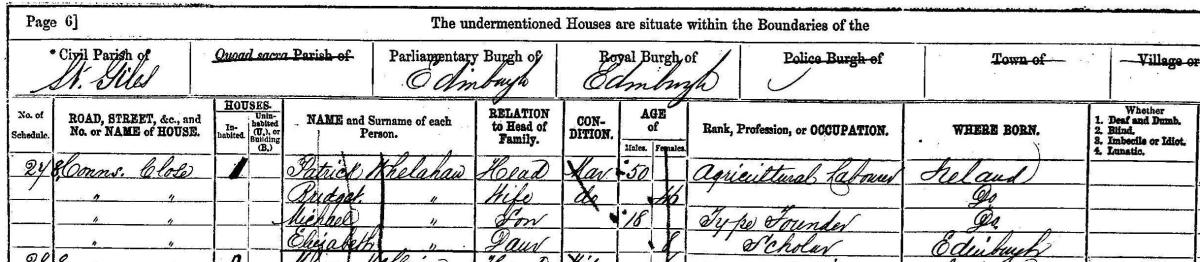 Whelahan family in 1871 census