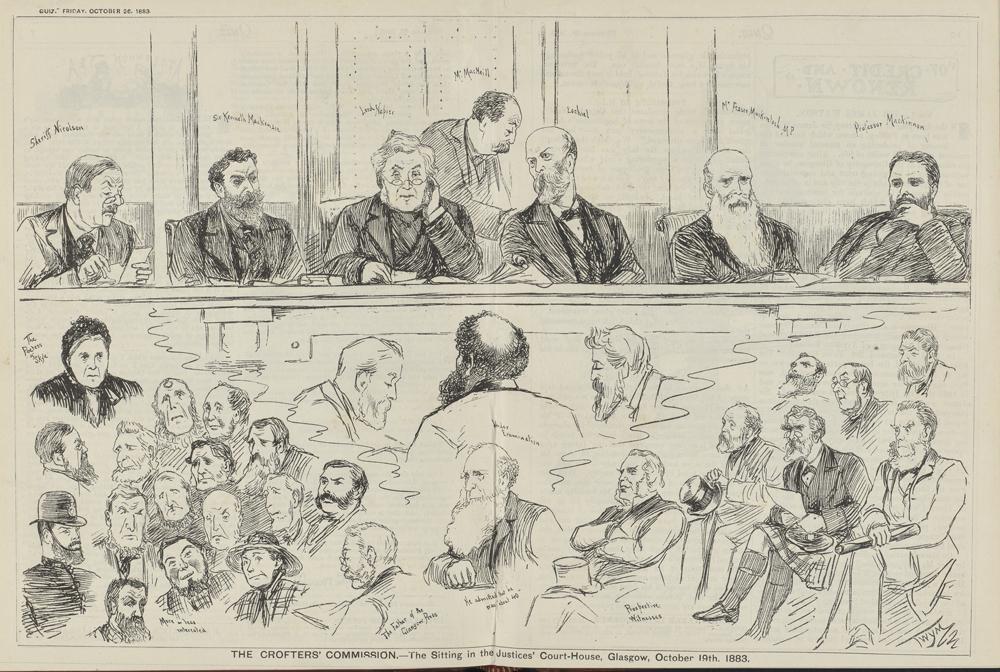 ‘The Crofters’ Commission – The Sitting in the Justices Court-House, Glasgow.&nbsp;' Image from ‘Quiz’, 19th October 1883. Courtesy of National Library of Scotland.
