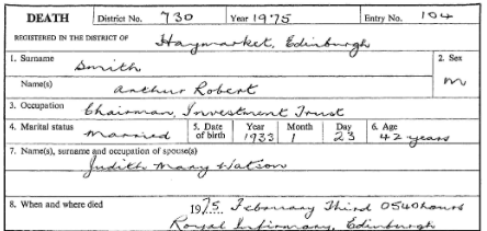 Extract from Dr Arthur Smith’s death certificate, NRS, 1975, 730/104