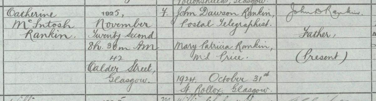 Catherine McIntosh Rankin’s birth entry Crown copyright, NRS, Statutory Register of Births, 1925, 644/18 893 page 893