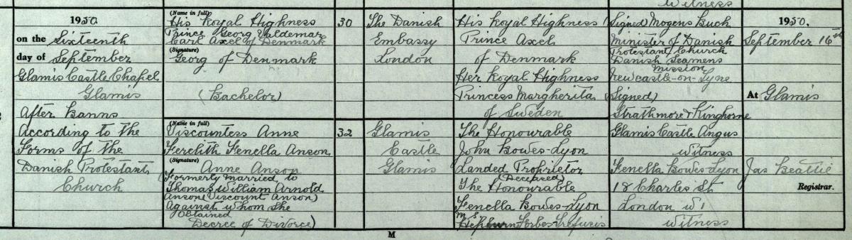 The wedding entry of Prince Georg of Denmark and Viscountess Anson, 16th September 1950. Crown copyright, National Records of Scotland (NRS), Statutory Register of Marriages, 1950, 289/2 page 1