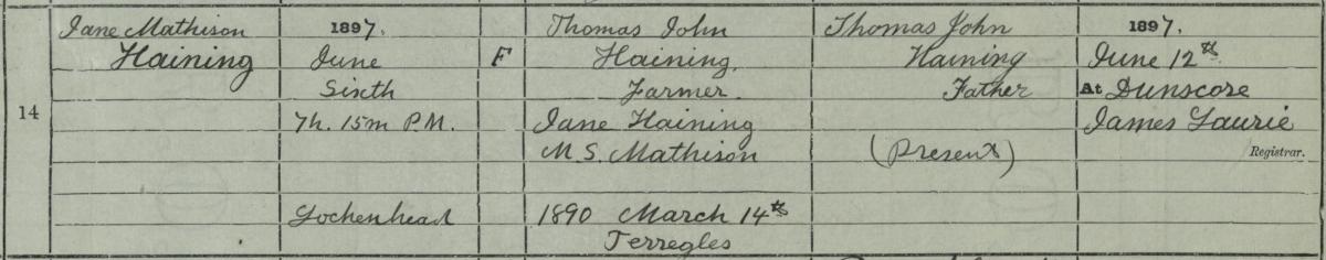 Birth entry for Jane Mathison Haining in the statutory register of births for Dunscore, Dumfriesshire, 6th June 1897.